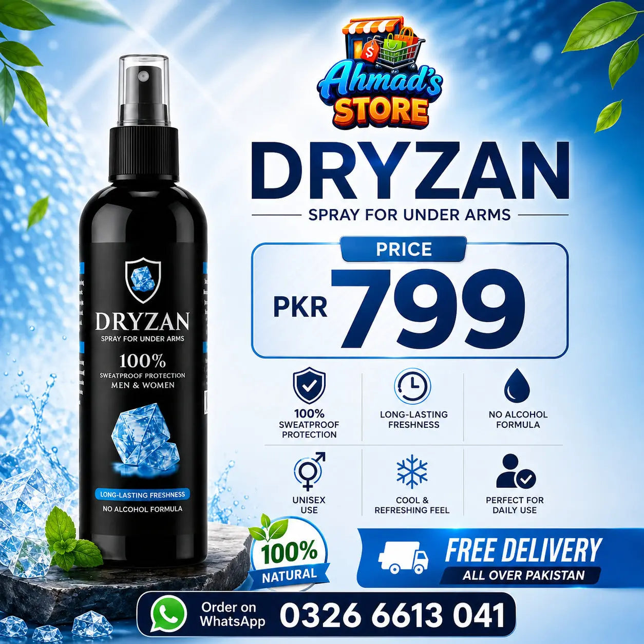 DRYZAN Underarm Body Spray – Gas-Free, Long-Lasting Freshness (200ml) Ahmad Store